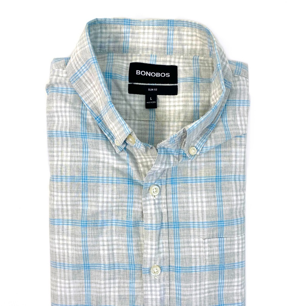 Bonobos Light Gray and Blue Plaid Button-Down Shirt